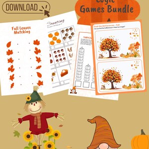 Può includere: Un pacchetto a tema autunnale di giochi di matematica e logica. L'immagine presenta fogli di lavoro con foglie autunnali, zucche ed esercizi di conteggio. Sono presenti anche uno spaventapasseri, girasoli e uno gnomo con una zucca.