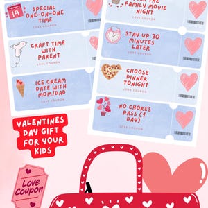 Può includere: Set regalo di San Valentino per bambini con buoni d'amore per varie attività. È incluso un camion rosso con dettagli a cuore e un letto a forma di cuore. Le parole "Download istantaneo" sono visibili.