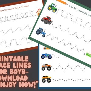 Op de afbeelding: Printbare traceerwerkbladen voor jongens met auto's en tractoren. De werkbladen hebben stippellijnen om te traceren, met illustraties van voertuigen, huizen en boerderij-elementen. Tekst luidt "Trace The Lines For The Cars To Follow" en "Trace The Lines For The Tractors to Follow".