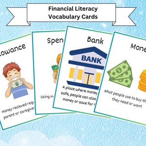 Tarjetas de vocabulario de educación financiera imprimibles / Material de apoyo para la educación financiera infantil
