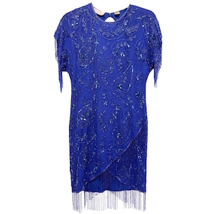 Vintage Silk Beaded Midi Cocktail Dress Large Flapper Gatsby Formal Unique Evening Gown Old Money Hollywood Retro Fringe Sequins Embellished