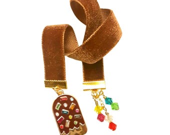Popsicle Bookmark: Velvet Ribbon, Ice Cream Charm & Crystal Beads
