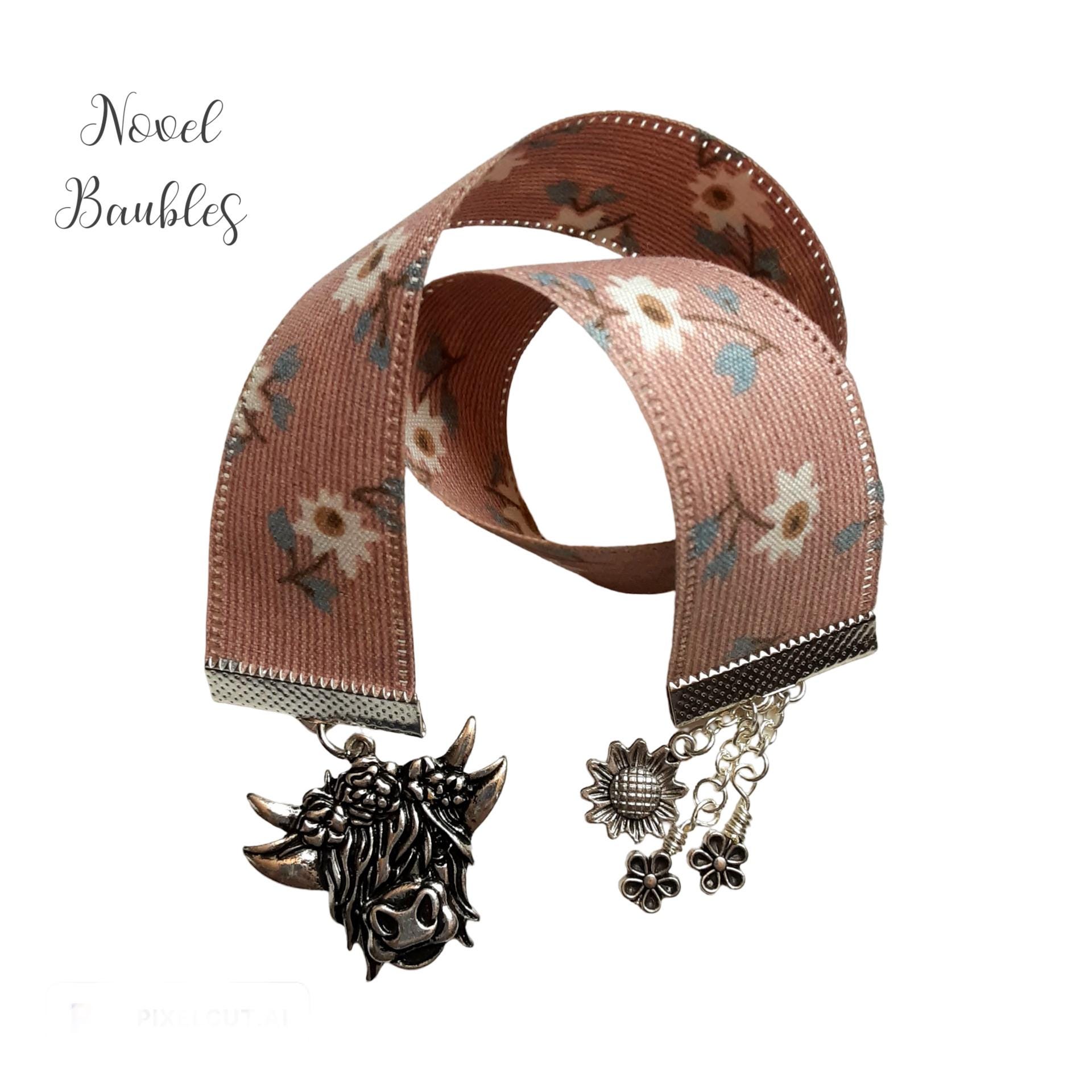 Highland Cow Bookmark: Floral Ribbon, Silver Charms, Rustic Reader Gift