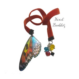 Butterfly Velvet Ribbon Bookmark – Orange Velvet with Iridescent Wing Charm & Beaded Accents – Elegant Gift for Book Lovers