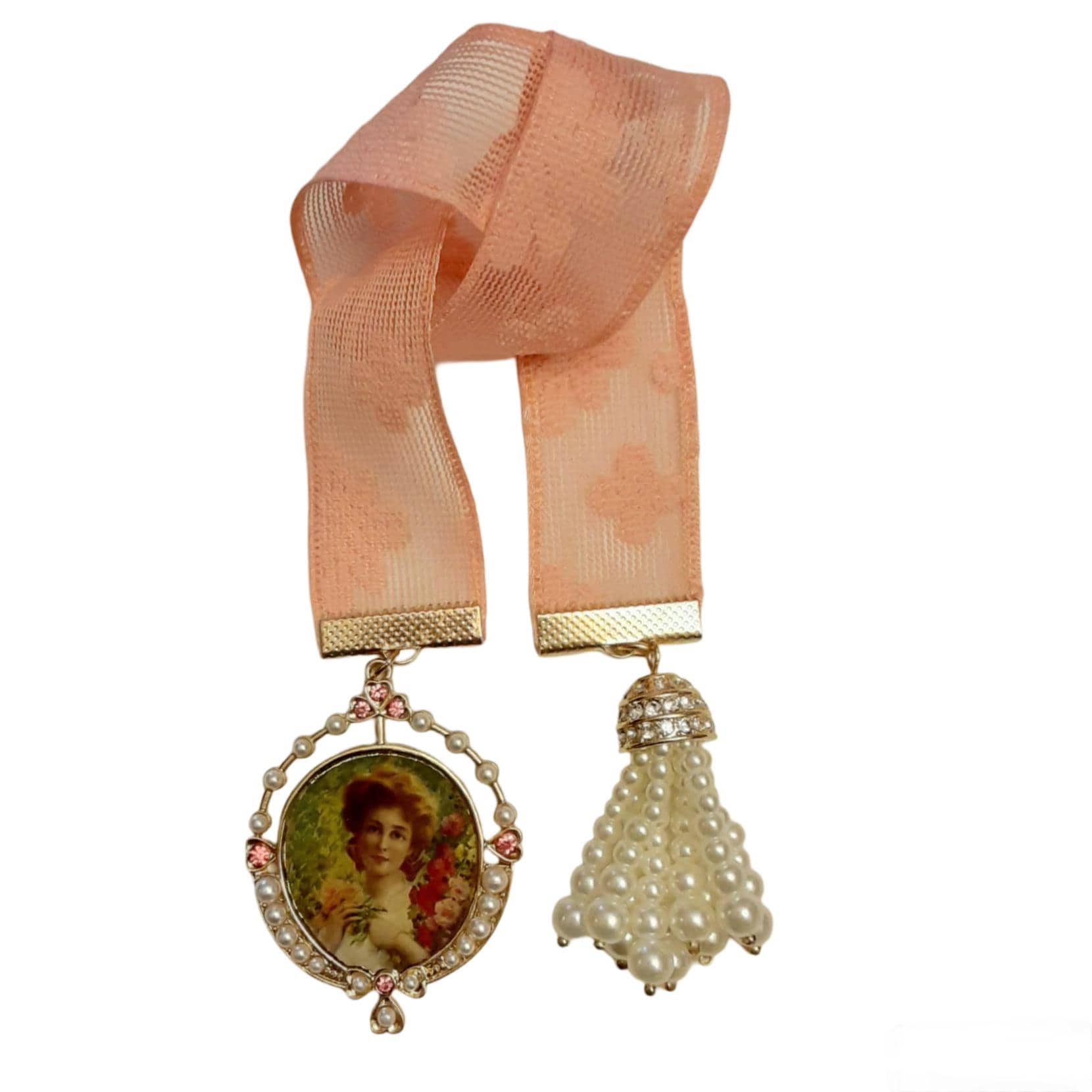 Victorian Lace Bookmark: Dusty Rose Ribbon, Pearl Tassel, Vintage Lady