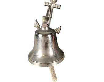 Nautical Anchor Ship Bell Silver Polished Brass Wall Mount Braided Rope Pull