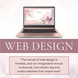 May include: A pink laptop computer with the text "Smumaia" displayed on the screen. The laptop is sitting on a pink and white background with the text "WEB DESIGN" below the laptop. The text "The canvas of web design is limitless, and our imagination knows no bounds. Let's dream big and create websites that inspire awe!" is displayed below the text "WEB DESIGN".