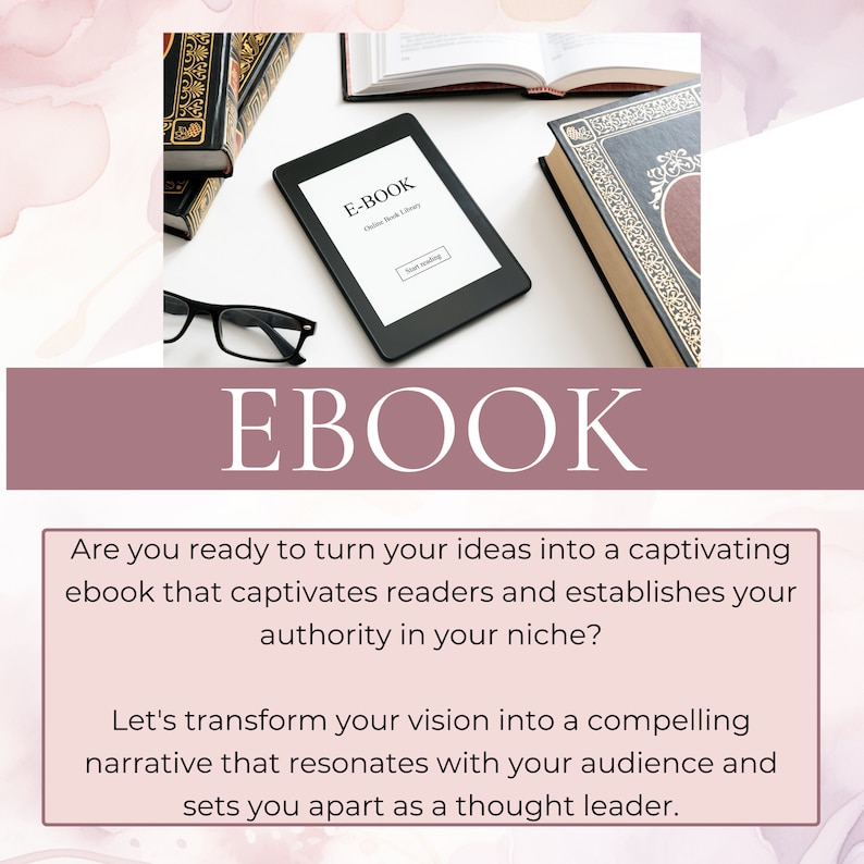 May include: A white surface with a black e-reader displaying the text "E-BOOK Online Book Library" and the button "Start reading". There are three closed books with ornate covers on the surface, and a pair of black-framed glasses.
