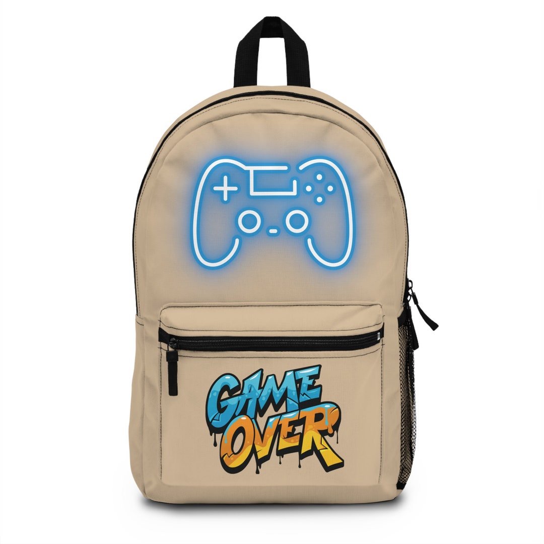 Gaming Backpack, Game Over Controller Blue on Beige Pack, for School or ...