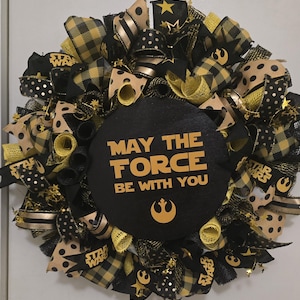 XL Lighted Star Wars Wreath | “May the Force Be With You” Decor | Geeky Fandom Home Accent | Yellow & Black Star Wars Door Wreath