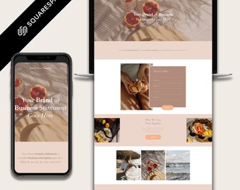 Pode incluir: Um modelo de site com fundo pêssego e um cabeçalho que diz "Your Brand or Business Statement Goes Here". O site tem uma seção para "What I Offer" e outra seção para "How We Can Work Together".