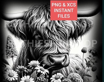 Highland Cow Flowers 1- 3D PNG/XCS Downloadable Files Slate Or Wood Coasters, Tumblers Laser Engraving, Commercial Use