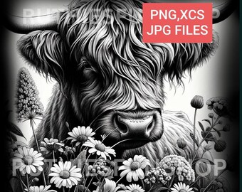 Highland Cow With Flowers Laser Engraving File, Floral Cow PNG JPG XCS, Farmhouse Wall Art, Instant Download