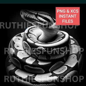 May include: A black and white image of a coiled snake with a patterned skin. The snake is curled up in a tight spiral, with its head raised and looking directly at the viewer. The image is in focus and the snake's scales are clearly visible.