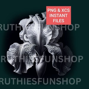 Peut inclure: Une illustration en noir et blanc d'une fleur d'iris. L'image est en format numérique haute résolution et est disponible en téléchargement instantané au format PNG et XCS.  RuthiesFunShop.