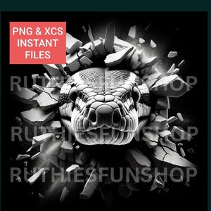 May include: A black and white image of a snake breaking through a wall of cracked concrete. The snake's head is in the center of the image, with its eyes looking directly at the viewer.