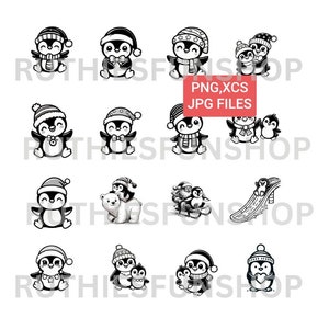 Pacote de Pinguins Natal: 16 PNG, JPG e XCS fofos 13 Imagens de Pinguins de Natal – 1 com Papai Noel, 1 Urso Polar e um Slide Divertido! Arquivos Instantâneos