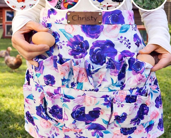 Personalized Egg Gathering Apron Adult With 12 Pockets Custom Leather Patch, Backyard Chicken Keeper Gift Mother's Day Gift Shipped out Fast