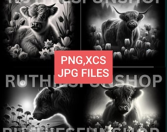 Highland Cow Image Laser Engraving Files Or For Printing Wall Art Or Crafts: 4 PNG JPG XCS Images (Digital Download)
