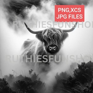 Fine Detail Highland Cow Foggy PNG, JPG, XCS Easy Files Slate, Wood Coasters, Tumblers, Laser Engraving, Printing, Commercial Use Ok