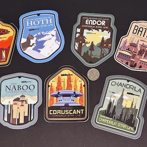 Full set of 7 Chandrila Starline travel poster stickers. Galactic Starcruiser Halcyon.
