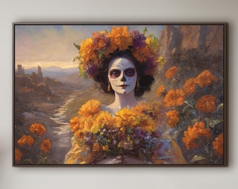 HoneyDreamCo La Catrina in Bloom Art Framed Canvas Painting Print with Hanging Kit