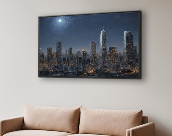 HoneyDreamCo Moonlit Metropolis Canvas Art Framed Canvas Painting Print with Hanging Kit