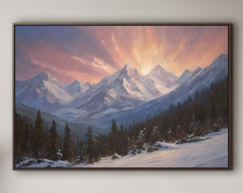 HoneyDreamCo Fiery Sunset Mountain Art Framed Canvas Painting Print with Hanging Kit