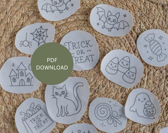 May include: A collection of Halloween-themed embroidery designs, including a bat, spiderweb, haunted house, candy corn, and a cat. The designs are in black and white, with the words "Trick or Treat" on one. The image also includes the text "PDF DOWNLOAD".