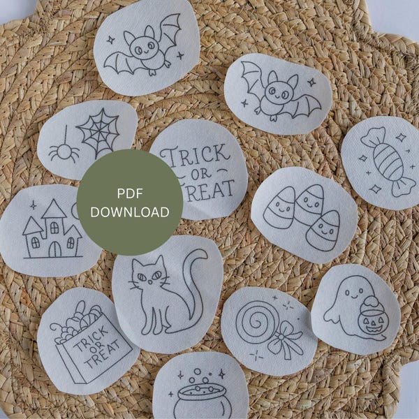 Halloween-Stickmuster-Set (Stickerei), druckbare PDF-Datei zum Herunterladen, niedliche Geister, Süßigkeiten, Fledermäuse, Spinnen, handgezeichnete Designs für Anfänger