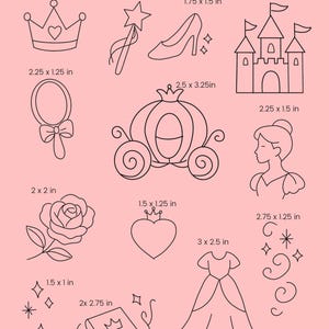 May include: A pink background with black line drawings of fairytale-themed items. Includes a crown, wand, high heel, castle, mirror, carriage, princess, rose, heart, dress, book, and stars. Approximate sizes are listed in inches.