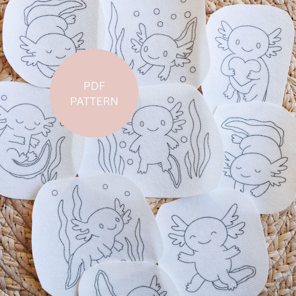 Axolotl Stick und Stich Stickmuster • Axolotl PDF Aufkleber • Anfänger Hand Stickmotive • Sofort Download