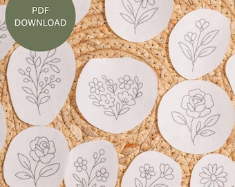 Floral Embroidery Pattern PDF Download – 14 Reprintable Flower Designs | Wildflower, Rose, & Tulip Hand Embroidery Patterns