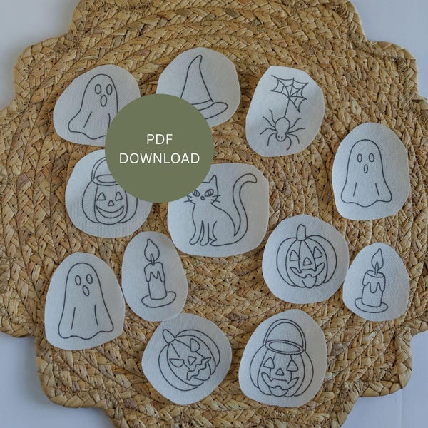 Halloween-Stickmuster als PDF herunterladen, Stick-and-Stitch-Designs, druckbare Vorlagen für Anfänger im Handsticken, Herbst- und Hexenmotive