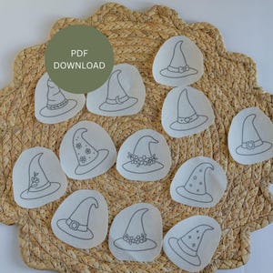 Witch Hat Stick and Stitch Embroidery Patterns, Halloween DIY Printable PDF Download, Beginner Friendly, Whimsical Embroidery Designs
