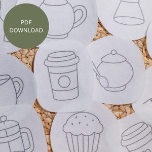 May include: White circular fabric patches with black outline drawings of coffee and tea-related items, including a coffee cup, teapot, and muffin. The text "PDF DOWNLOAD" is in a green circle. The patches are arranged on a woven surface.