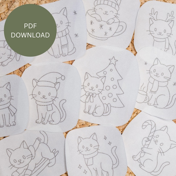 Weihnachtskatze Stick und Stitch Stickmuster PDF Digital Download | 12 süße Feiertags-Katzen-Entwürfe | Handstickerei | Winter Geschenk