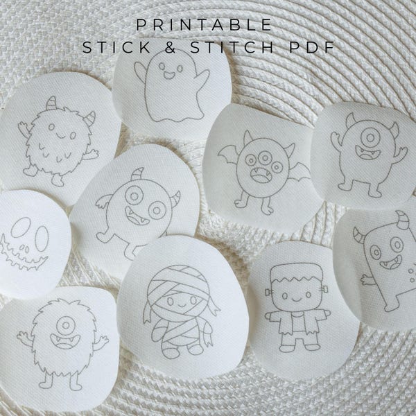 Niedliche Halloween-Stickmuster (PDF): Geist, Frankenstein, Mumie, Monster – Handstickerei zum digitalen Download