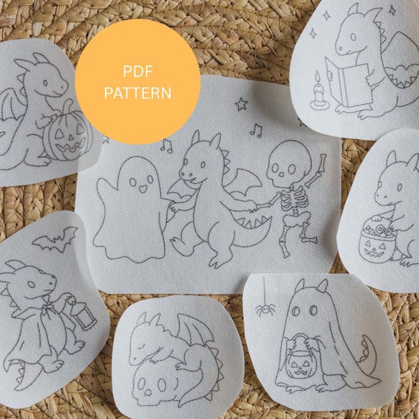 Halloween-Drachen-Stickmuster als PDF-Download, Halloween-Handstickereien
