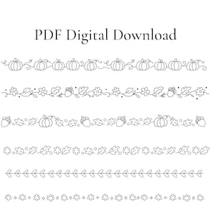 Könnte beinhalten: Schwarz-weiße Linienkunst-Bordüren mit Kürbissen, Blumen, Eicheln, Blättern und Ranken. Der Text "PDF Digital Download" steht oben. Diese dekorativen Bordüren sind perfekt für herbstliche Bastelarbeiten und Designs.