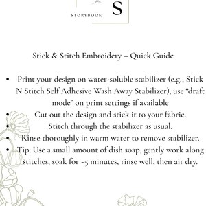 May include: A white graphic with the text "STITCHED STORYBOOK" and instructions for Stick & Stitch Embroidery. The guide includes steps for printing, cutting, stitching, and rinsing the design. Floral illustrations decorate the bottom left corner.