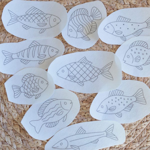 Fish Stick and Stitch Embroidery Pattern Set | 10 Ocean Fish Designs | Water-Soluble Stickers for Hand Embroidery | Beginner Friendly