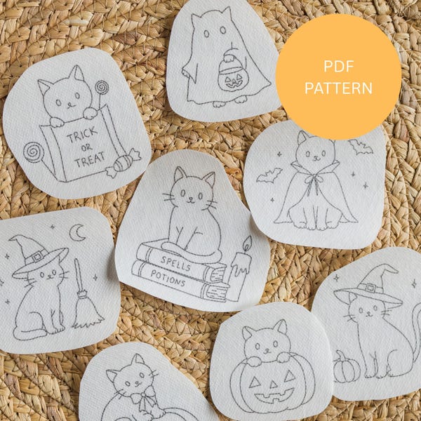 Halloween-Katzen-Stickmuster (PDF-Download), 8 niedliche Halloween-Katzenmotive, Handstickerei