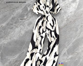 Audacious Brand Black Abstract Print Jumpsuit Women’s Wide-Leg V-Neck Women's Outfit, Resort Chic