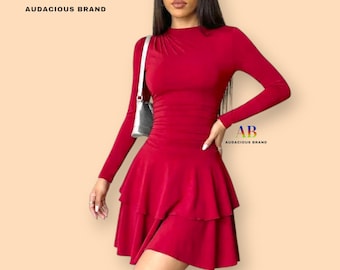Cherry Red Summer Dress for Women – Long Sleeve Fitted Mini Dress with Ruffle Hem Skirt