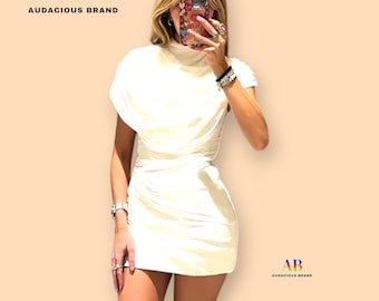 Draped Mini Dress Women Elegant Sleeveless High Neck Ruched Bodycon Dress 2025 Fashion Chic White Casual Party Outfit Short Gown