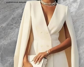 Elegant Cape Blazer Mini Dress for Women, Luxury Double-Breasted V-Neck Formal Dress with Structured Shoulders & Flowing Cape Sleeves.