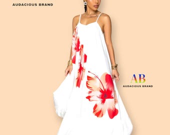 Women’s White Floral Maxi Dress Summer Spaghetti Strap Boho Dress Elegant Loose Fit Long Dress Casual Beach Dress