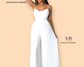 Pleated jumpsuit Dress Elegant Summer Spaghetti Strap Dress Flowy Long Evening Dress Chic Party Dress Sleeveless Backless Black White Wine