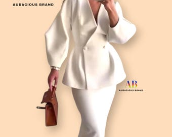 Elegant Peplum Blazer Dress Set for Women Summer Occasion Wear | Chic Neutral Two-Piece Outfit